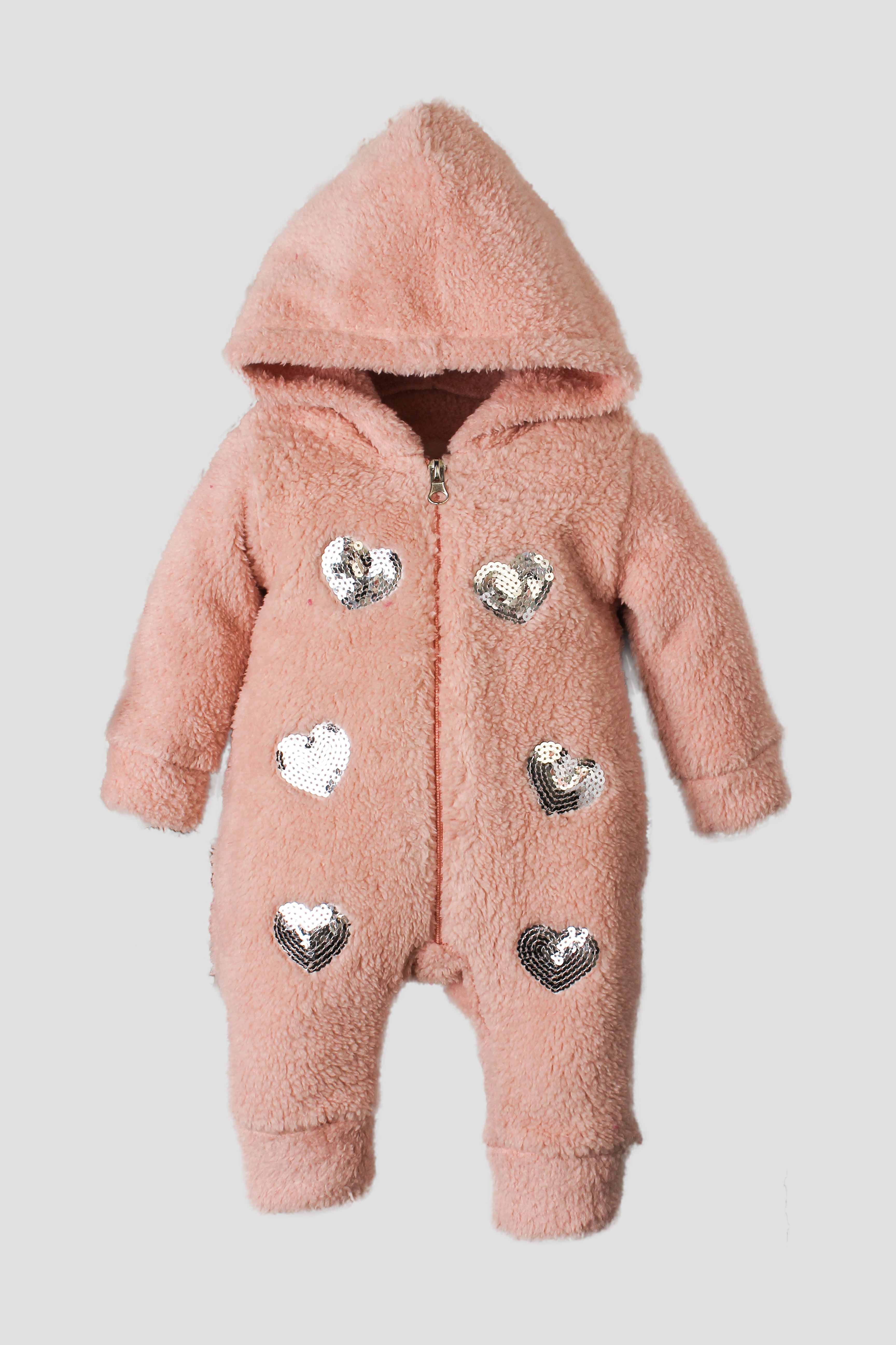 Kız Bebek Tulum Pul Payetli Kalpli Kapüşonlu Peluş Kız Bebek Tulum 0-12 Ay